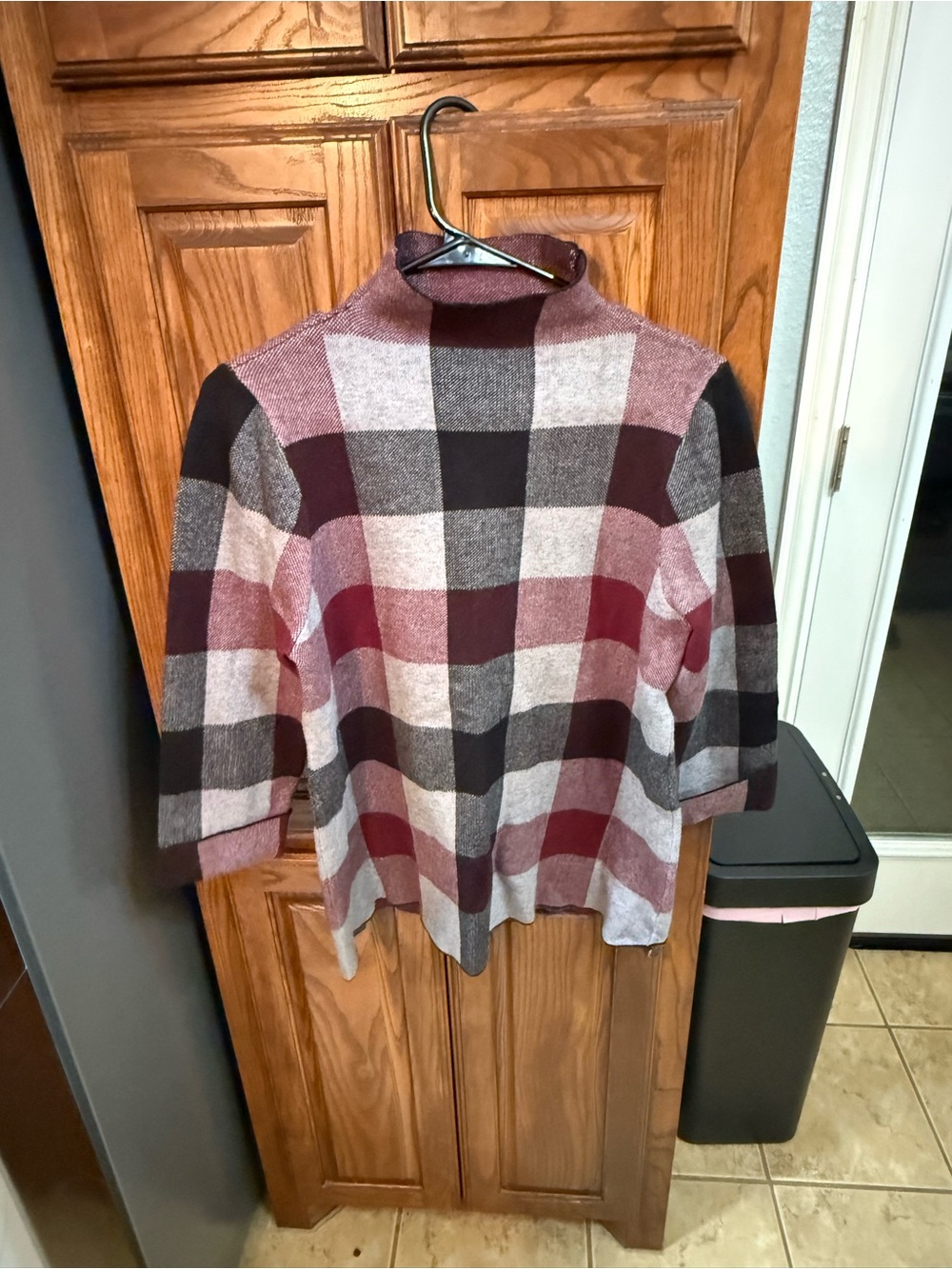 Tahari Burgundy, Gray and Cream Plaid Mock Neck Sweater